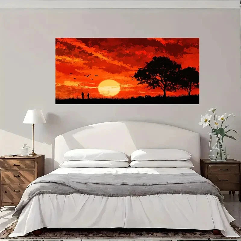 Modern Vintage Red & Orange Sun Wall Art Canvas Office Home Room Framed 120x60cm