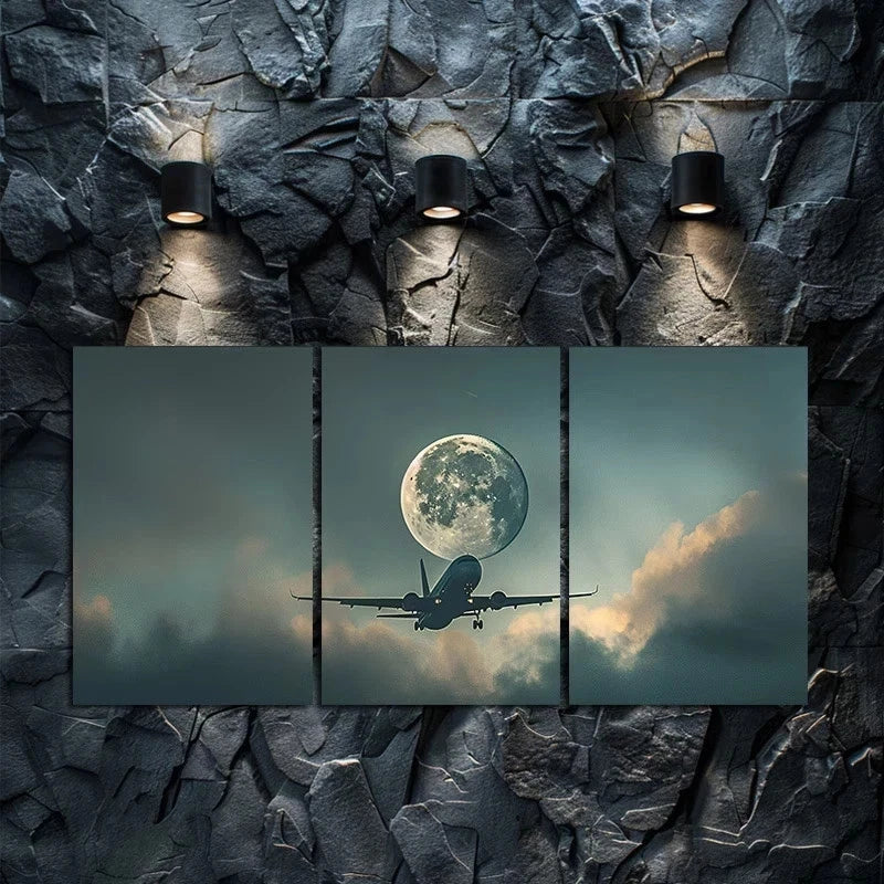 3pcs Airplane and Full Moon Over Clouds Metal Print Ready to Hang Art - Bella Home Decor