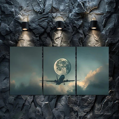 3pcs Airplane and Full Moon Over Clouds Metal Print Ready to Hang Art - Bella Home Decor