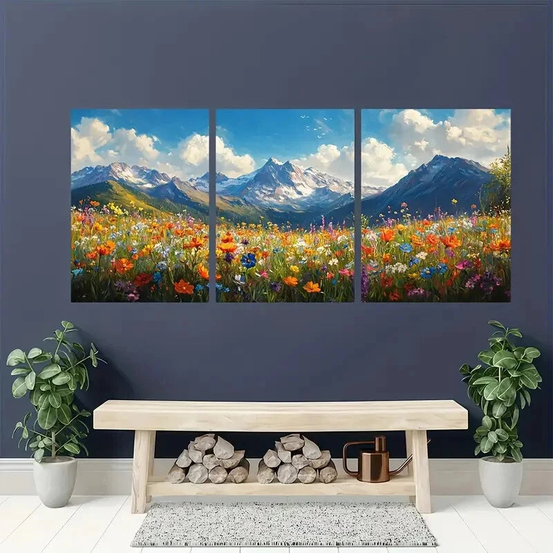 3pcs Vibrant Mountain and Wildflower Art Metal Print Ready to Hang Art - Bella Home Decor