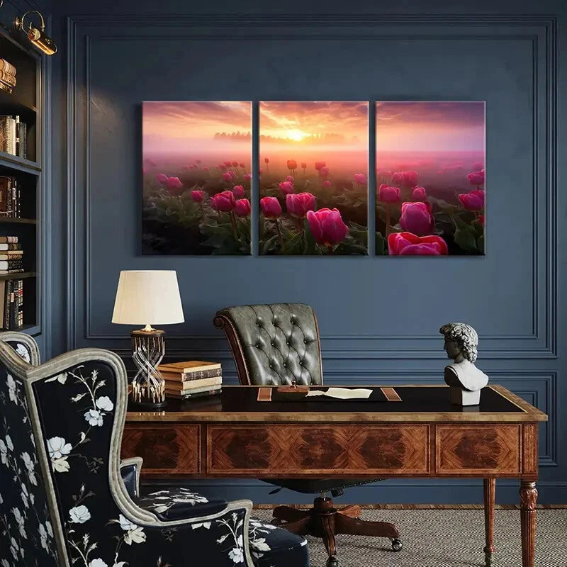 3pcs Sunset Tulips Field Vibrant Colors Nature Metal Print Ready to Hang Art - Bella Home Decor