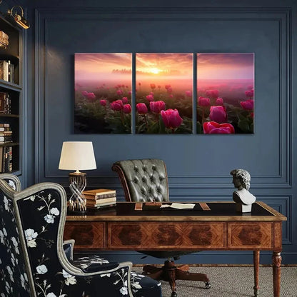 3pcs Sunset Tulips Field Vibrant Colors Nature Metal Print Ready to Hang Art - Bella Home Decor
