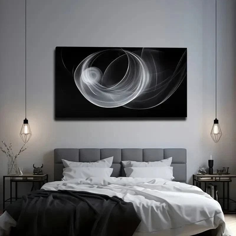 White Line Swirls In Black Back Wall Art Canvas Office Home Room Framed 120x60cm