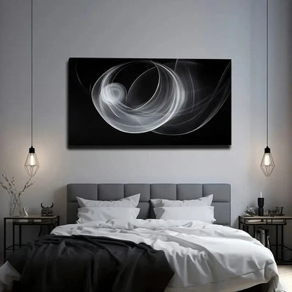 White Line Swirls In Black Back Wall Art Canvas Office Home Room Framed 120x60cm