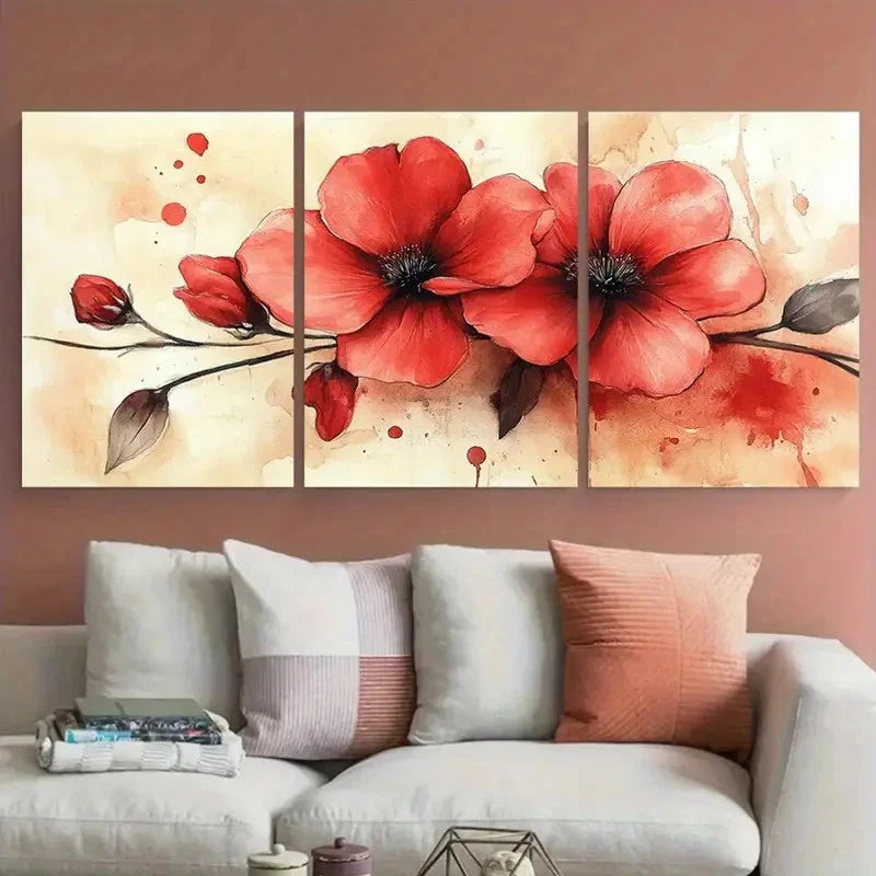 3pcs Elegant Blooming Red Floral Watercolor Wall Art Set Canvas Framed 60x90cm - High Quality Print 100% Australian Made Wall Canvas Ready to Hang