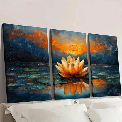 3pcs Lotus Pond Artwork for Lotus Painting  Wall Art Set Canvas Framed 60x90cm - High Quality Print 100% Australian Made Wall Canvas Ready to Hang