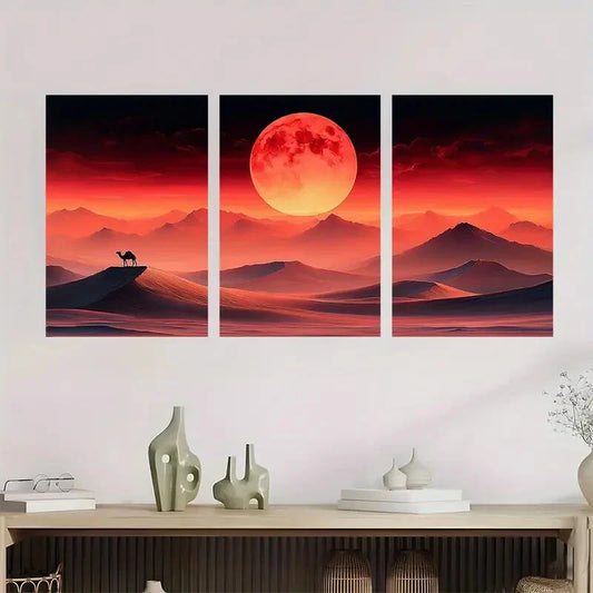 3pcs Desert Sunset Scenery Sand Dunes Camel Metal Print Ready to Hang Art