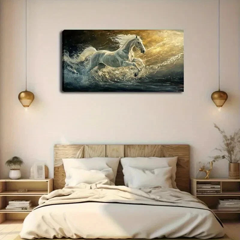 Horse Galloping on Sunlit Sea Wall Art Canvas Office Home Room Framed 120x60cm - Bella Home Decor