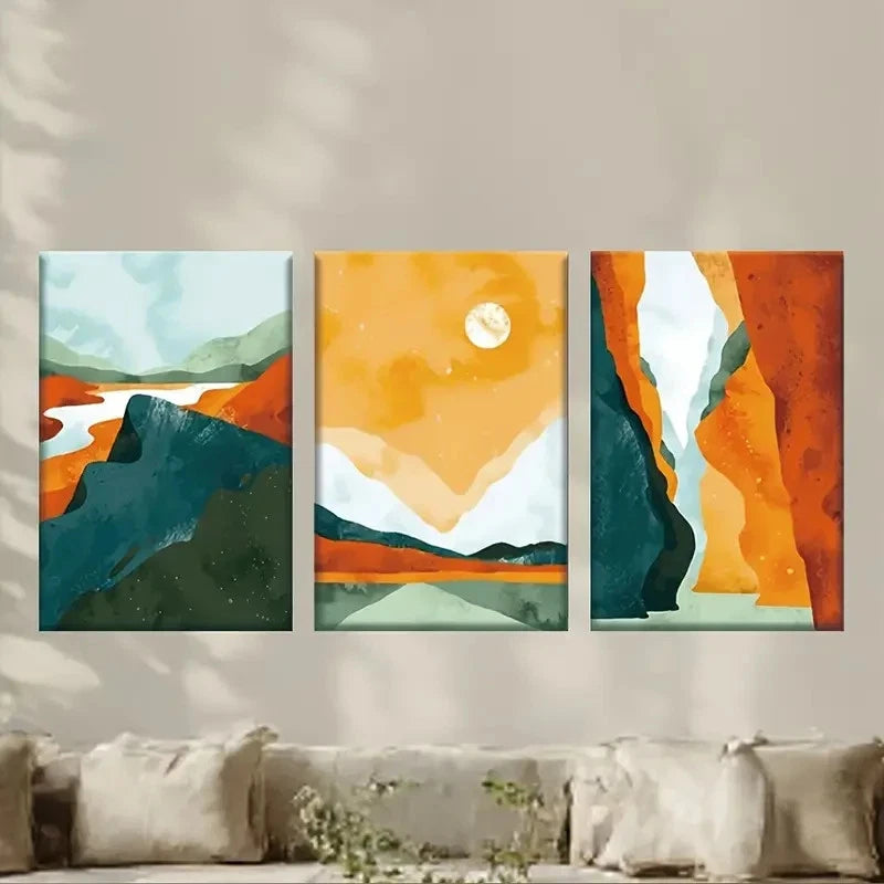 3pcs Abstract Mountain Sunset Paintings Metal Print Ready to Hang Art - Bella Home Decor