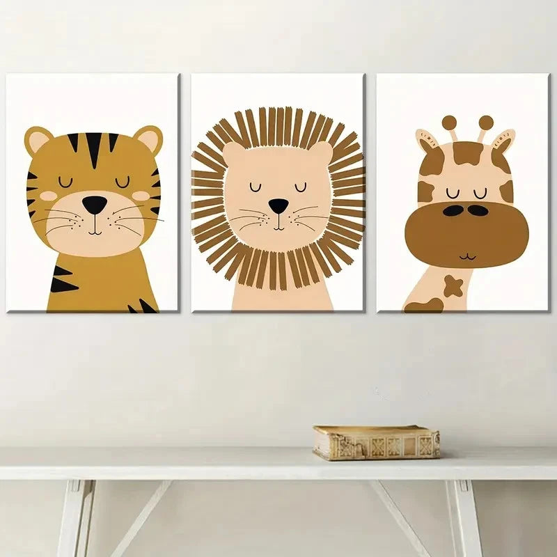 3pcs Cute Animals in a Modern Minimalist Metal Print Ready to Hang Art - Bella Home Decor