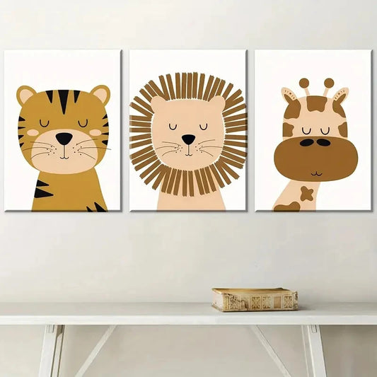 3pcs Cute Animals in a Modern Minimalist Metal Print Ready to Hang Art