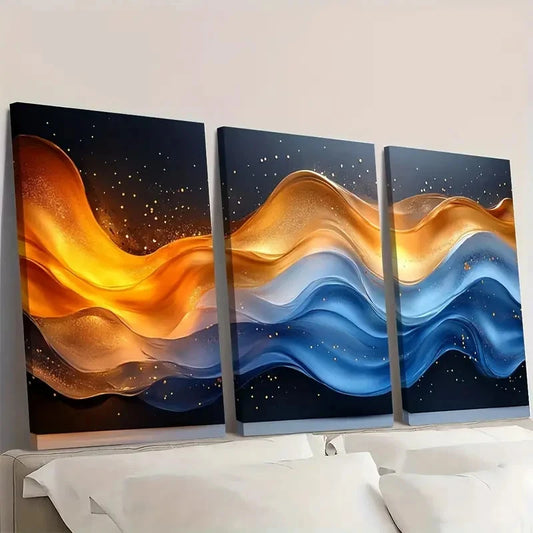 3pcs Geometric Blue & Golden Smoke CS Wall Art Set Canvas Framed 60x90cm - High Quality Print 100% Australian Made Wall Canvas Ready to Hang