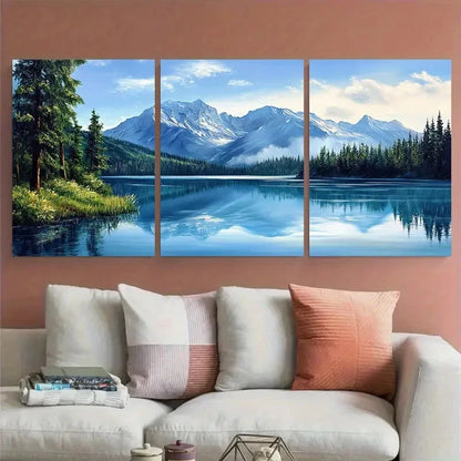 3pcs Crystal Lake Blue Mountain Nature Landscape Wall Art Set Canvas Framed 50x70cm - High Quality Print 100% Australian Made Wall Canvas Ready to Hang - Bella Home Decor
