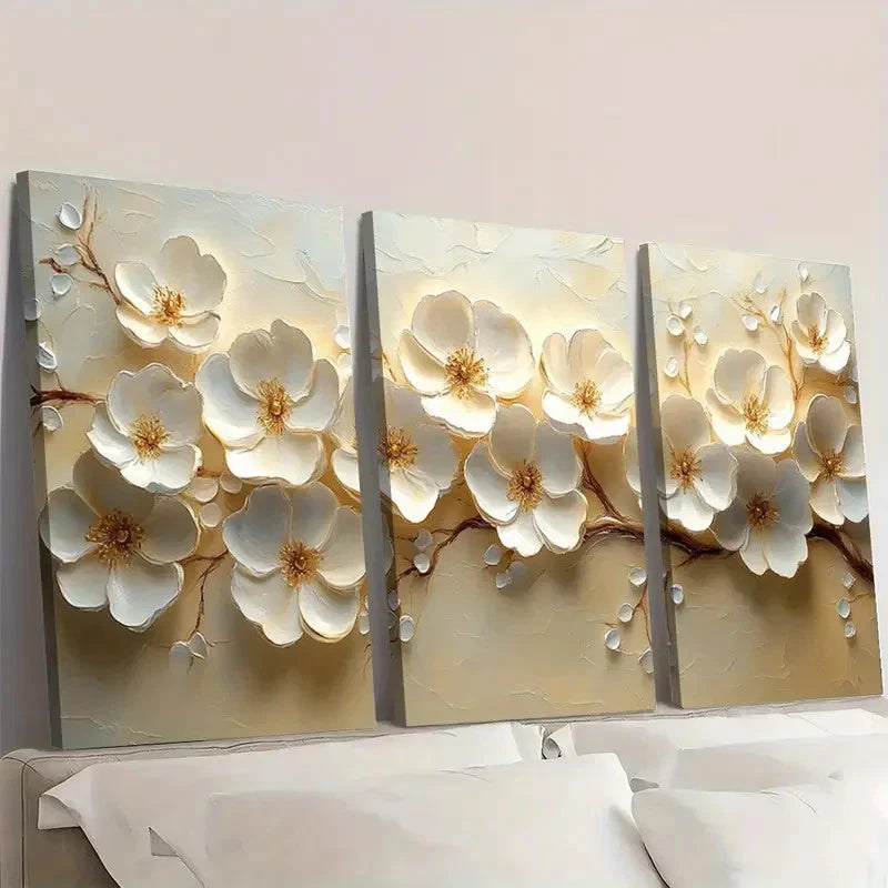 3pcs Textured White & Golden Floral  GR   Wall Art Set Canvas Framed 60x90cm - High Quality Print 100% Australian Made Wall Canvas Ready to Hang