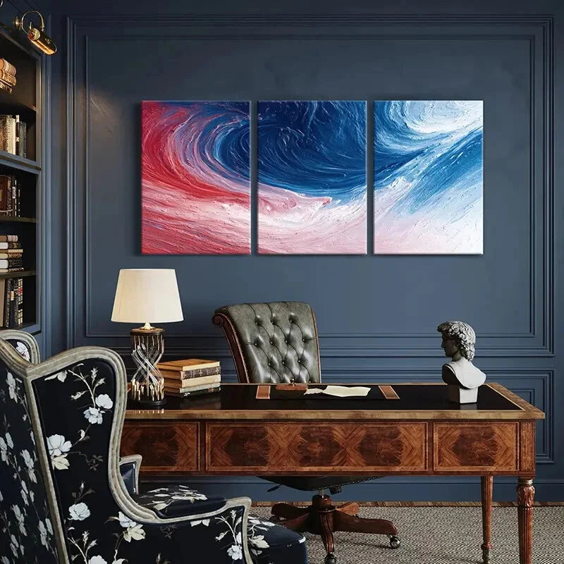 3pcs Abstract Swirl Art Blue Red Waves Modern Metal Print Ready to Hang Art - Bella Home Decor