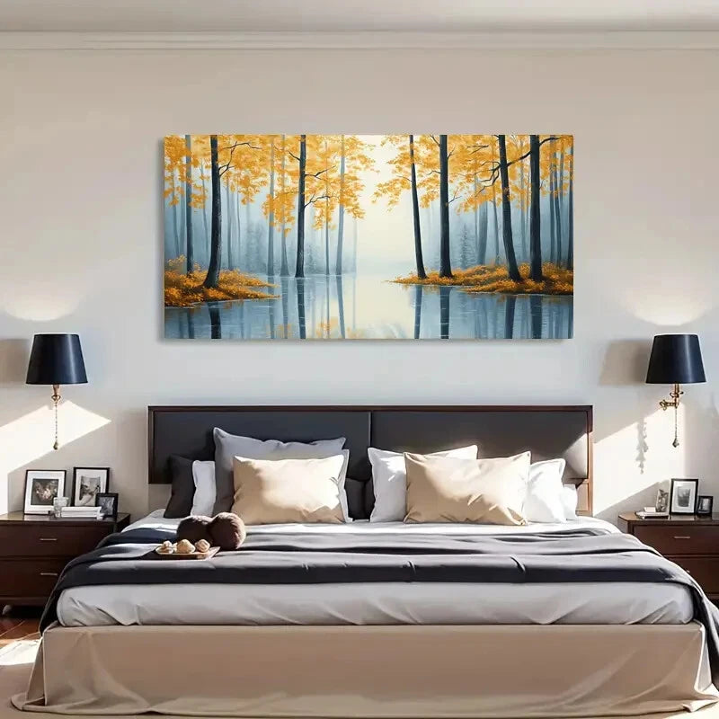 Misty Autumn Golden Leaves Wall Art Canvas Office Home Room Framed 120x60cm - Bella Home Decor