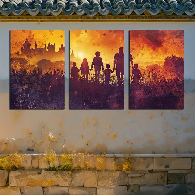 3pcs Girls and Boys Silhouetted Against The Sunset Metal Print Ready to Hang Art - Bella Home Decor