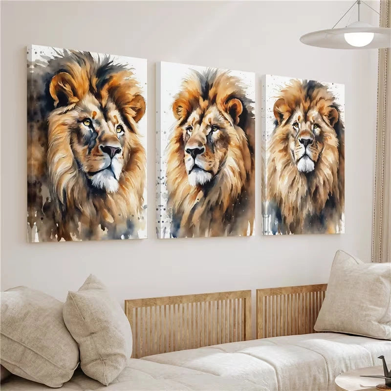3pcs Lion Watercolor Safari Animal Wall Art Set Canvas Framed 60x90cm - High Quality Print 100% Australian Made Wall Canvas Ready to Hang