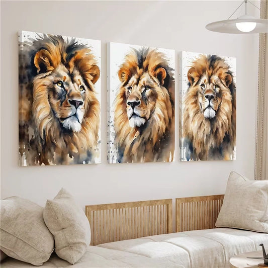 3pcs Lion Watercolor Safari Animal Wall Art Set Canvas Framed 60x90cm - High Quality Print 100% Australian Made Wall Canvas Ready to Hang