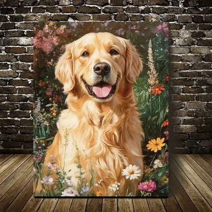 Golden Retriever Dog with Flowers & Plants 40x60cm Metal Print Ready to Hang - Bella Home Decor