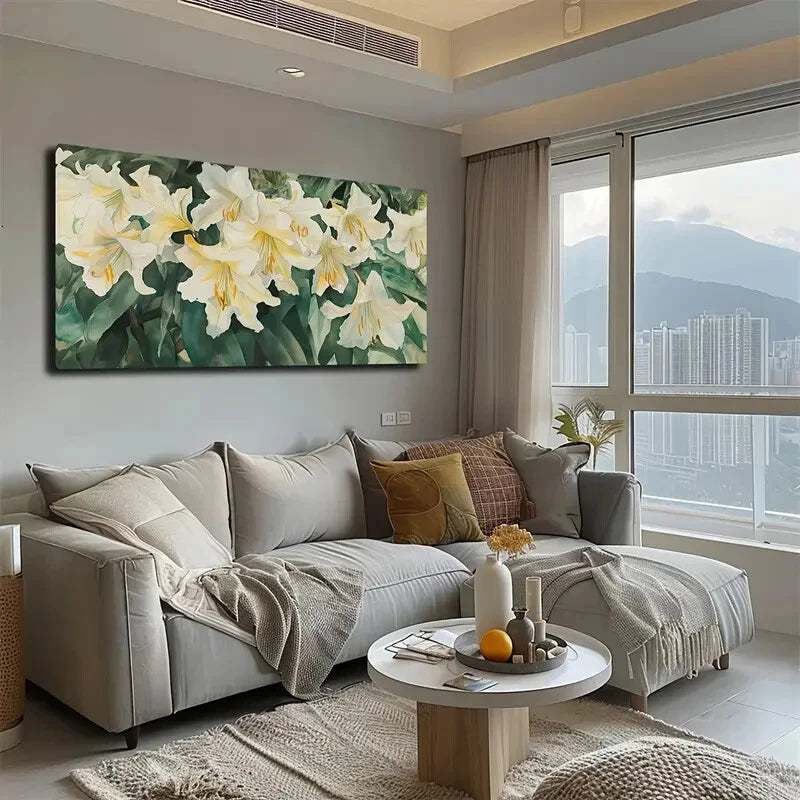Blooming Light Yellow Lilies Wall Art Canvas Office Home Room Framed 120x60cm - Bella Home Decor