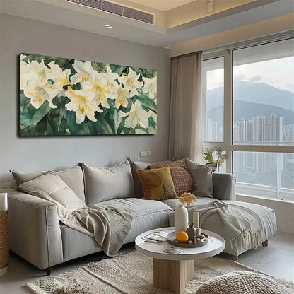 Blooming Light Yellow Lilies Wall Art Canvas Office Home Room Framed 120x60cm - Bella Home Decor