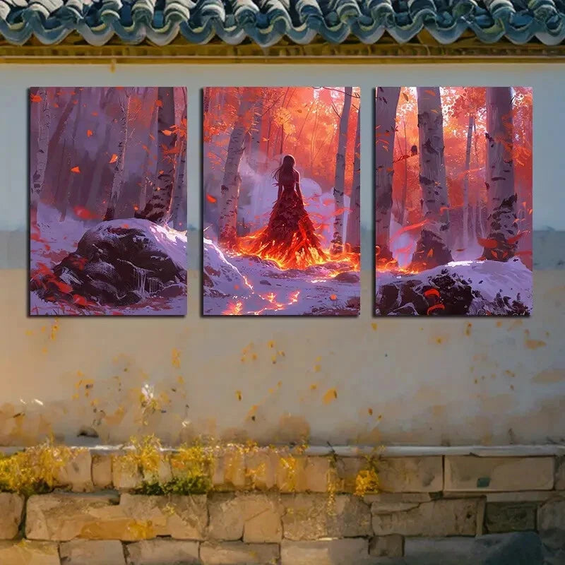 3pcs Forest Woman Sitting Scene Metal Print Ready to Hang Art - Bella Home Decor