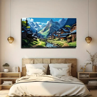 Traditional Houses And River Wall Art Canvas Office Home Room Framed 120x60cm.
