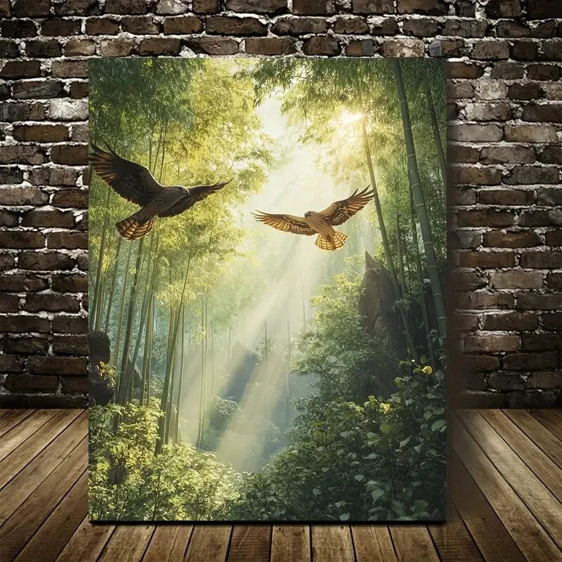 Hawk Scene In Bamboo Grove Sunbeams Shining Painting 40x60cm Metal Print Ready to Hang - Bella Home Decor