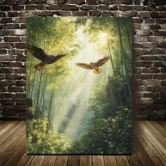 Hawk Scene In Bamboo Grove Sunbeams Shining Painting 40x60cm Metal Print Ready to Hang - Bella Home Decor