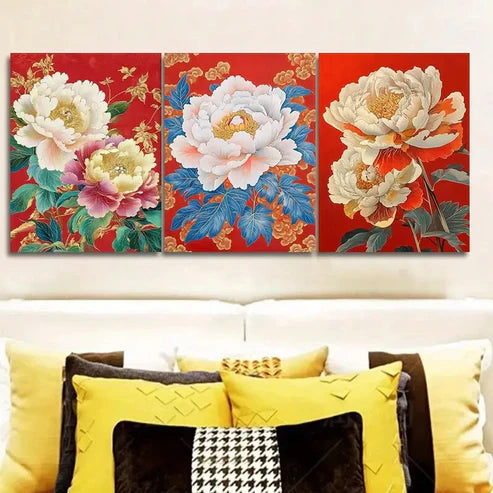 3pcs Peony Flower Painting Wall Art Canvas Unframed - High Quality Print 100% Australian Made Wall Canvas