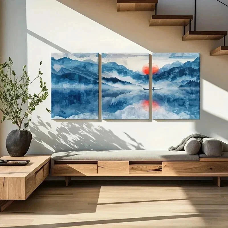 3pcs Traditional Chinese Landscape Sunset Lake Wall Art Set Canvas Framed 60x90cm - High Quality Print 100% Australian Made Wall Canvas Ready to Hang - Bella Home Decor