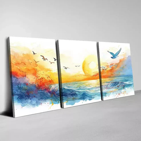 3pcs Birds Flying at Sunset Seaside Landscape Wall Art Set Canvas Unframed - High Quality Print 100% Australian Made Wall Canvas