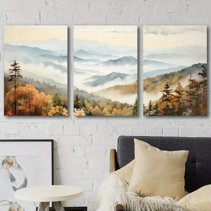 3pcs Great Smoky Mountains Autumn Perfect Wall Art Set Canvas Framed 50x70cm - High Quality Print 100% Australian Made Wall Canvas Ready to Hang - Bella Home Decor