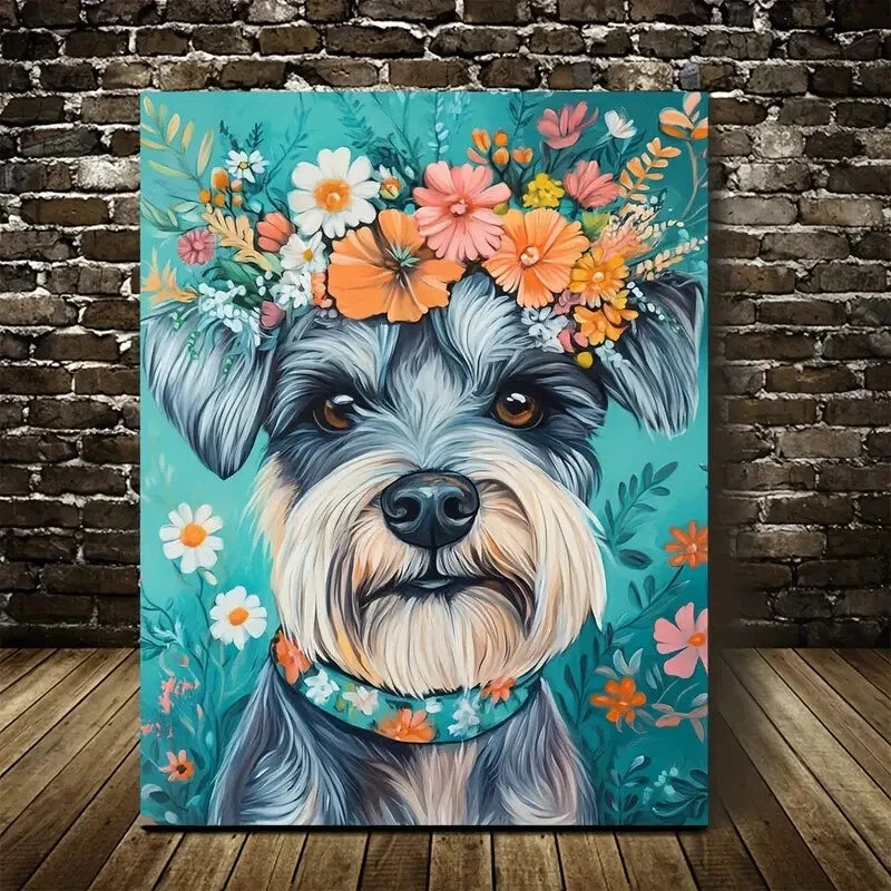 Cute Schnauzer Dog with Vibrant Floral Wreath 40x60cm Metal Print Ready to Hang - Bella Home Decor