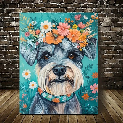 Cute Schnauzer Dog with Vibrant Floral Wreath 40x60cm Metal Print Ready to Hang - Bella Home Decor