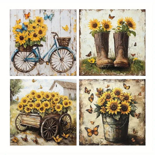 4pcs Sunflower,Butterfly Bicycle Decorative  Wall Art Canvas Framed