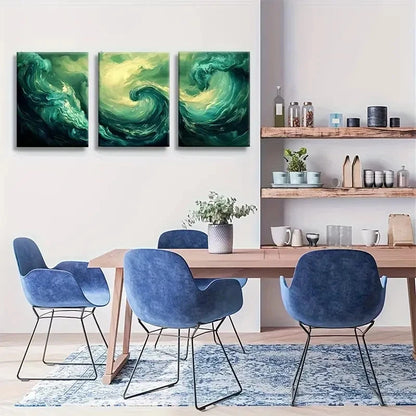 3pcs Abstract Green Swirl Ocean Dynamic Painting Metal Print Ready to Hang Art - Bella Home Decor