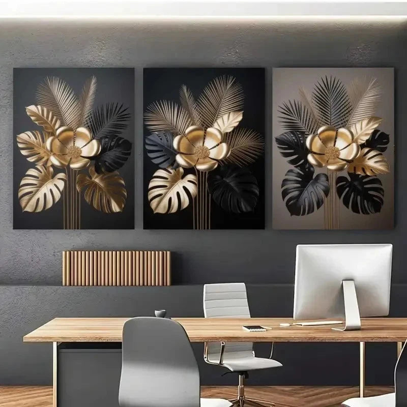 3pcs Golden Flowers Metallic Leaves Metal Print Ready to Hang Art - Bella Home Decor
