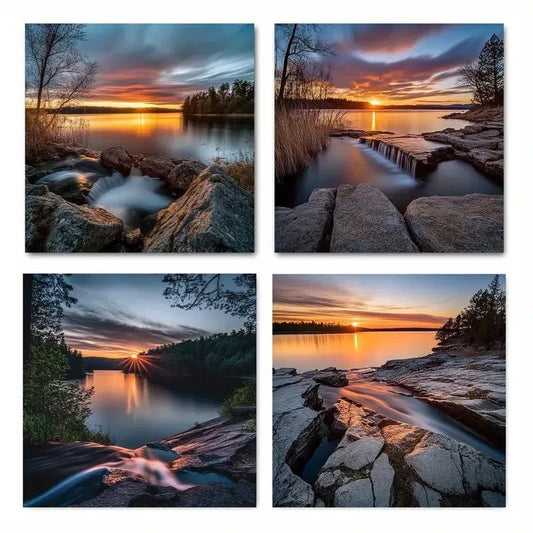 4pcs Sunset Lake Nature Landscape Wall Art Canvas Framed