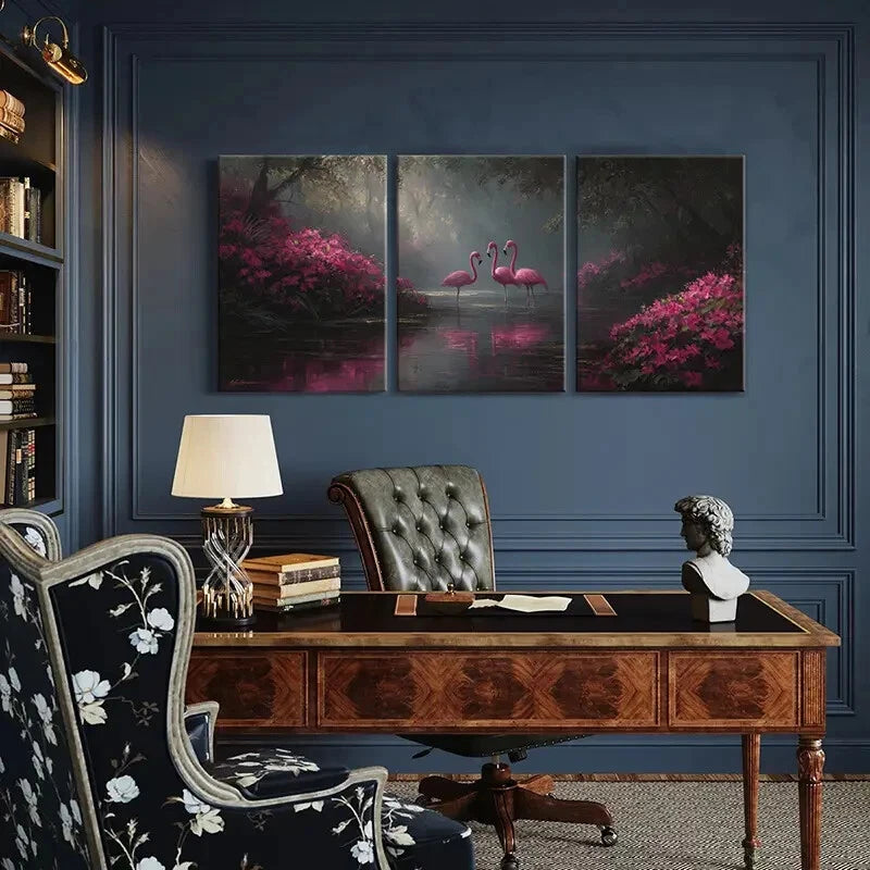 3pcs Artistic Flamingo Pond Tropical Forest Metal Print Ready to Hang Art - Bella Home Decor