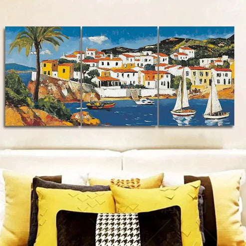 3pcs Caribbean houses and boats Painting Wall Art Set Canvas Unframed - High Quality Print 100% Australian Made Wall Canvas - Bella Home Decor