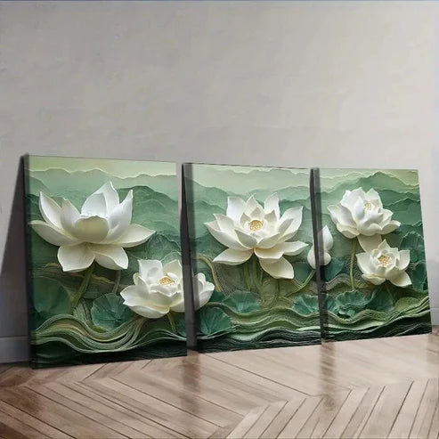 3pcs White for Lotus Flower Design Wall Art Set Canvas Unframed - High Quality Print 100% Australian Made Wall Canvas