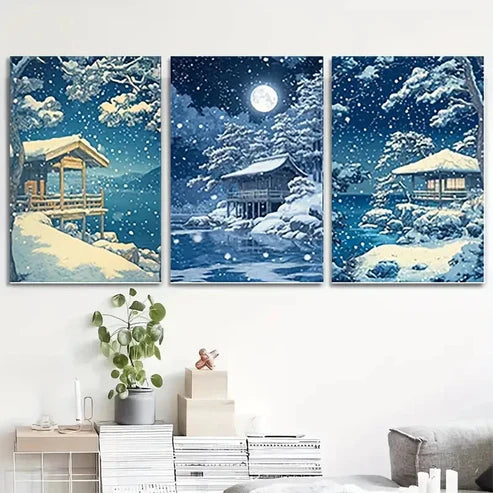 3pcs Japanese Winter Land Serene Snowy Wall Art Set Canvas Unframed - High Quality Print 100% Australian Made Wall Canvas