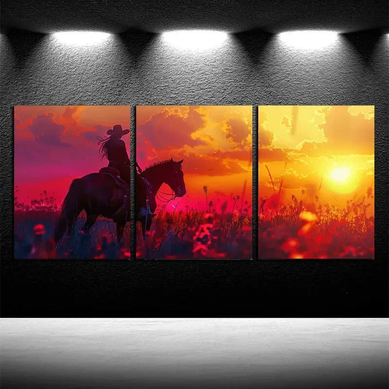 3pcs Vibrant Horseman Sunset Scene Metal Print Ready to Hang Art - Bella Home Decor