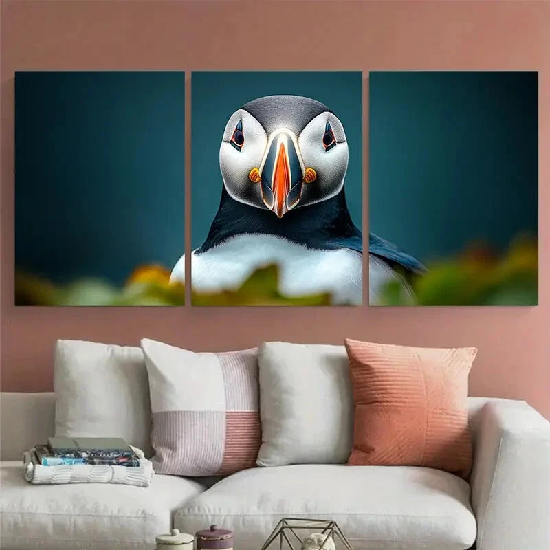 3pcs Cheerful Puffin Portrait Coastal Bird Metal Print Ready to Hang Art - Bella Home Decor