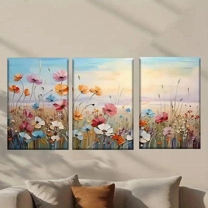 3pcs Painting of Flowers in a Field Wall Art Set Canvas Framed 50x70cm - High Quality Print 100% Australian Made Wall Canvas Ready to Hang