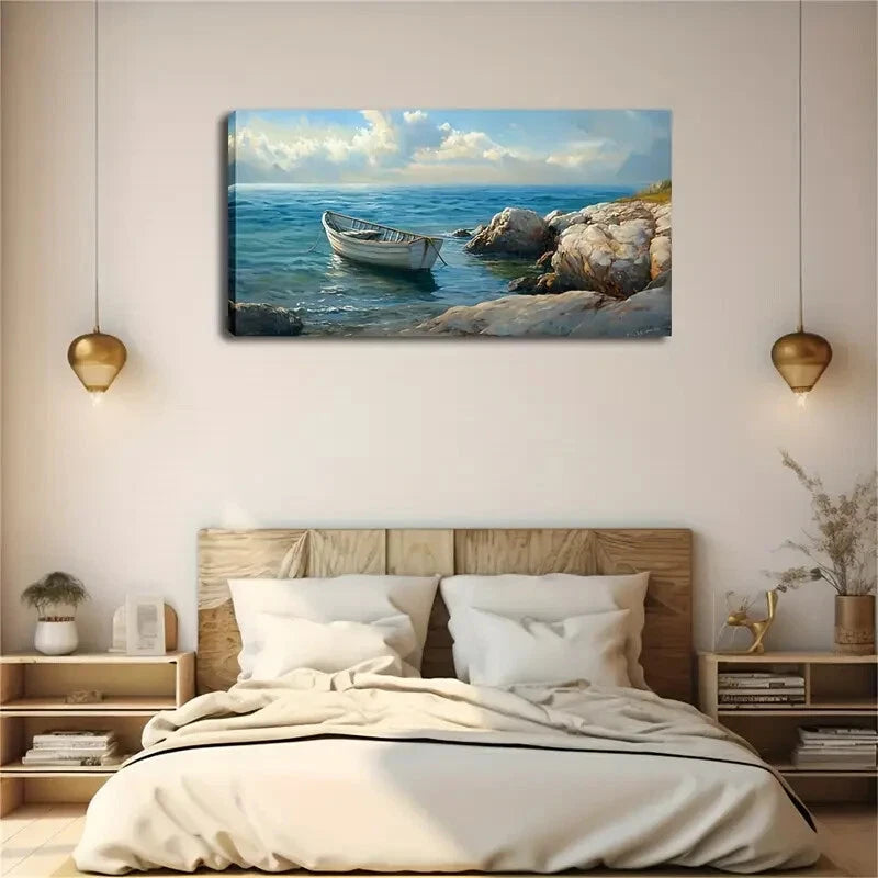 Small White Boat Moored Wall Art Canvas Office Home Room Framed 120x60cm - Bella Home Decor