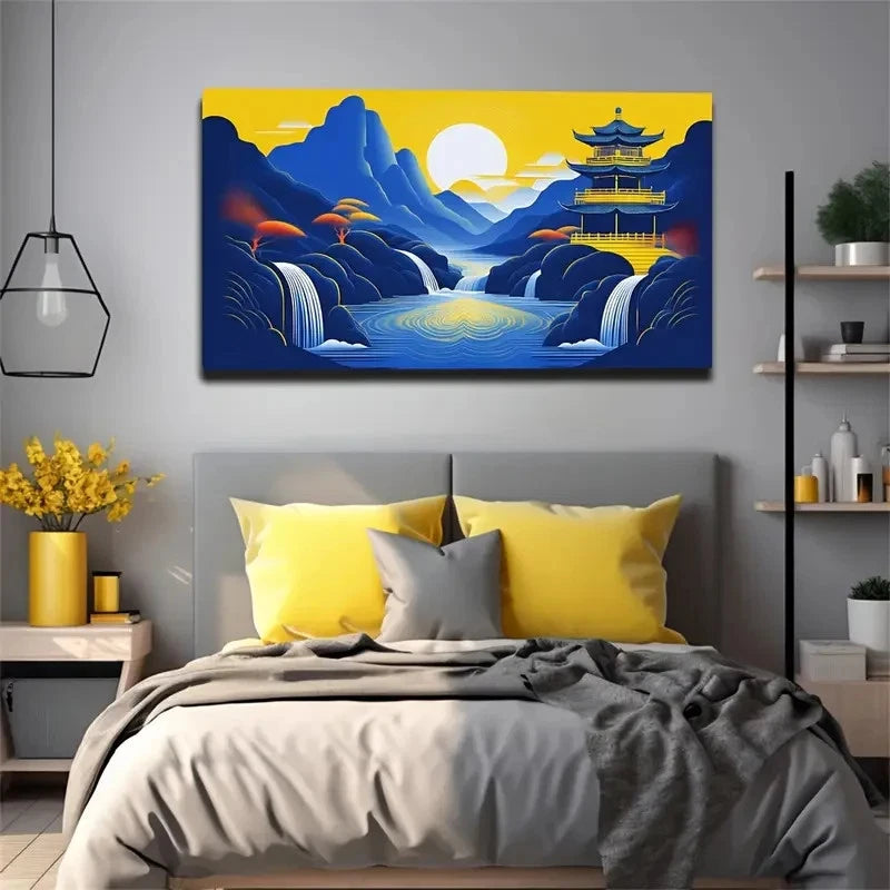 Abstract Landscape And Pagoda Wall Art Canvas Office Home Room Framed 120x60cm