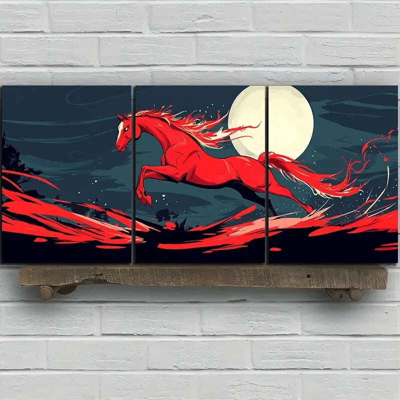 3pcs Horse Jumping Under Moonlight Red Themed Metal Print Ready to Hang Art - Bella Home Decor